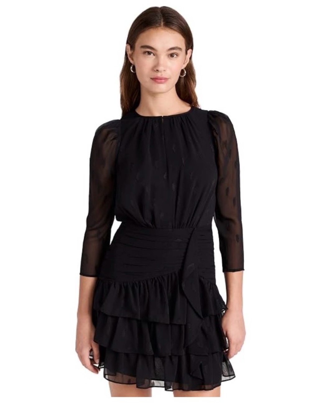 Shoshanna Black Sheer-Sleeve Ruffle Mini Dress
